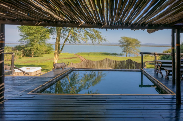 Infinity pool on the wooden deck overlooking Lake Jozini